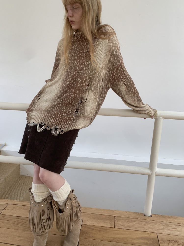 Vintage Fawn Print Cut-Out Hole Knit Lazy Loose Crew Neck Big Sweater【s0000014598】