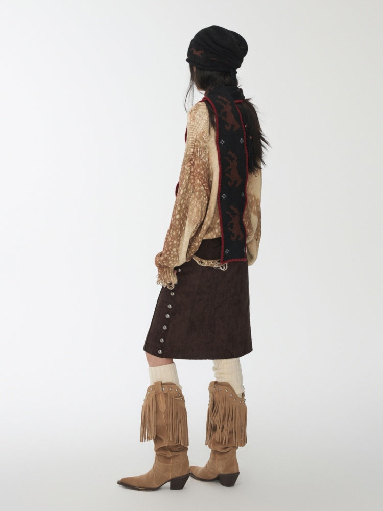 Vintage Fawn Print Cut-Out Hole Knit Lazy Loose Crew Neck Big Sweater【s0000014598】