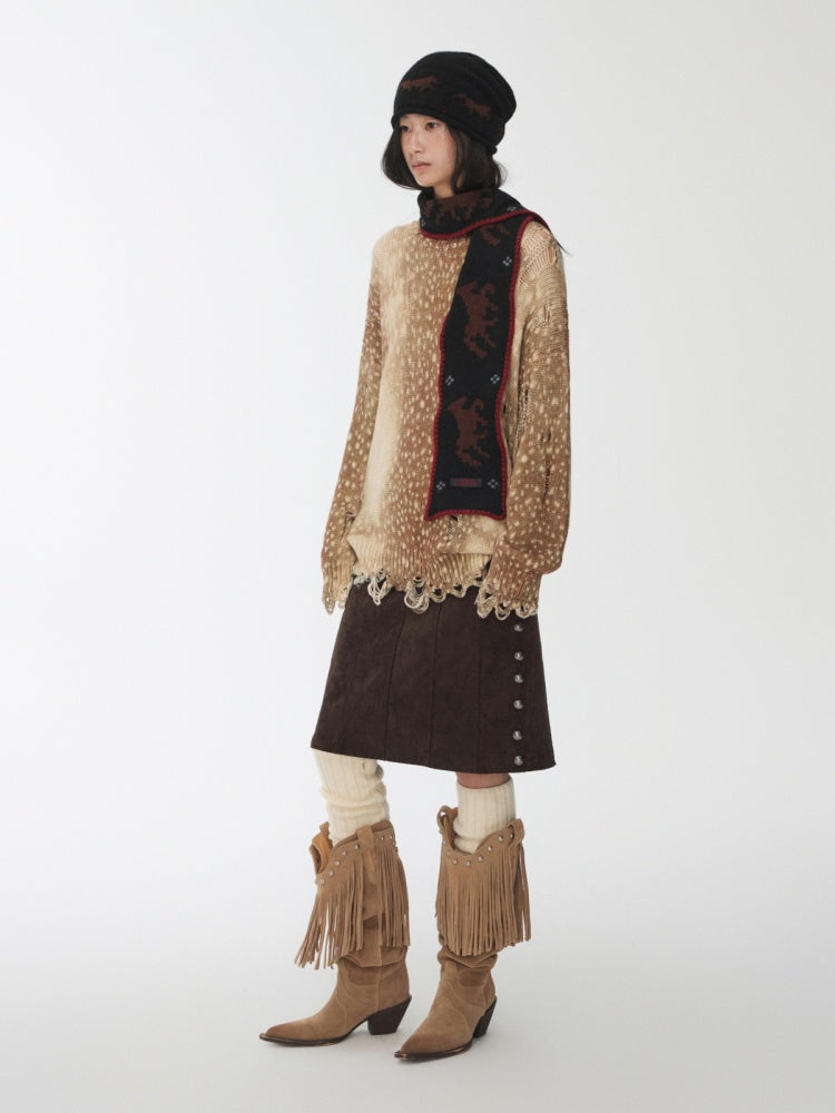 Vintage Fawn Print Cut-Out Hole Knit Lazy Loose Crew Neck Big Sweater【s0000014598】