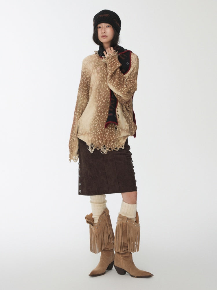 Vintage Fawn Print Cut-Out Hole Knit Lazy Loose Crew Neck Big Sweater【s0000014598】