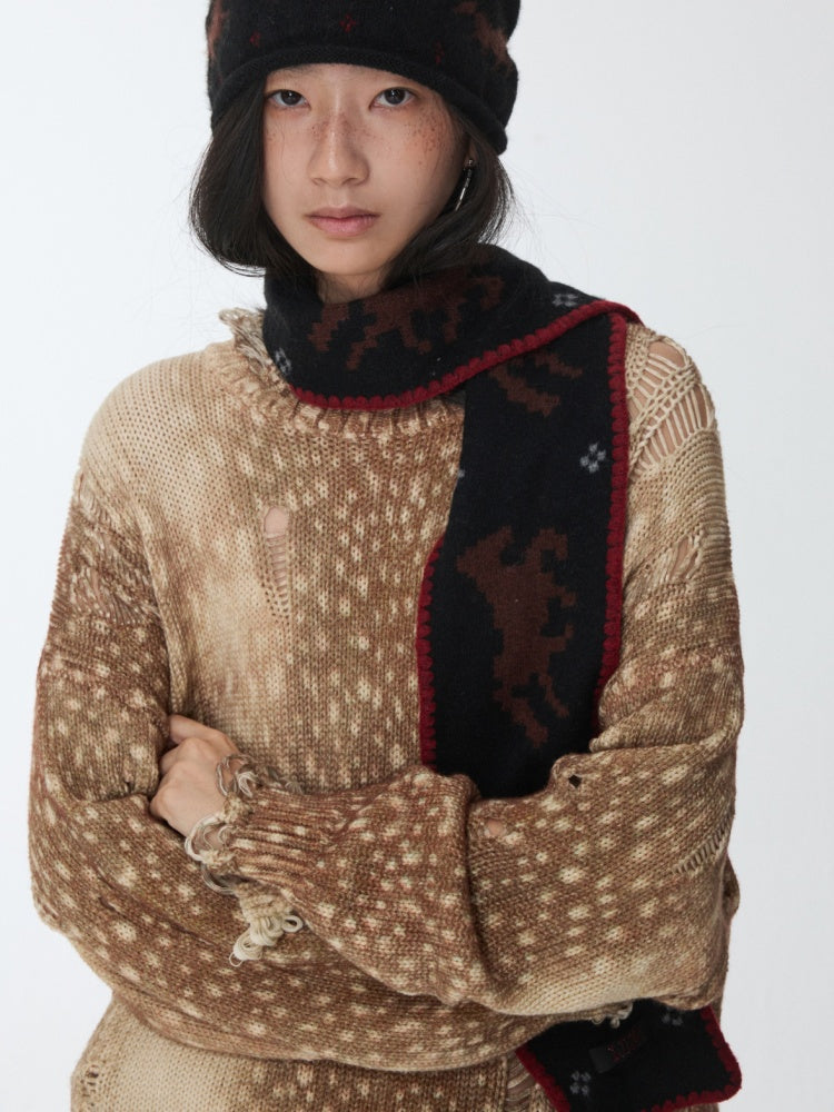 Vintage Fawn Print Cut-Out Hole Knit Lazy Loose Crew Neck Big Sweater【s0000014598】