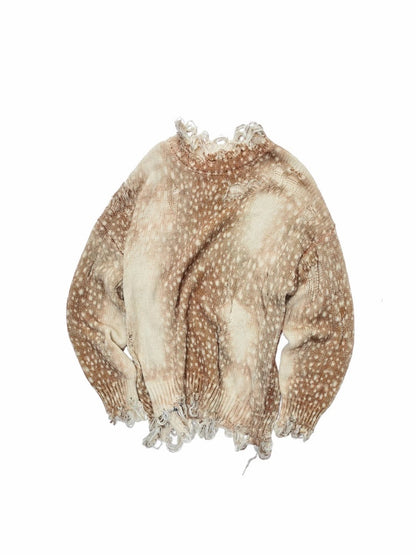 Vintage Fawn Print Cut-Out Hole Knit Lazy Loose Crew Neck Big Sweater【s0000014598】