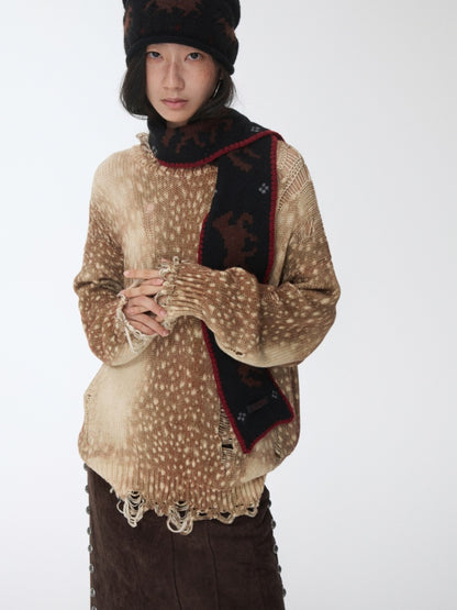 Vintage Fawn Print Cut-Out Hole Knit Lazy Loose Crew Neck Big Sweater【s0000014598】
