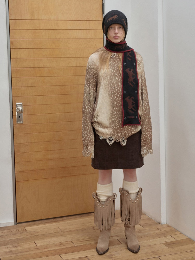 Vintage Fawn Print Cut-Out Hole Knit Lazy Loose Crew Neck Big Sweater【s0000014598】