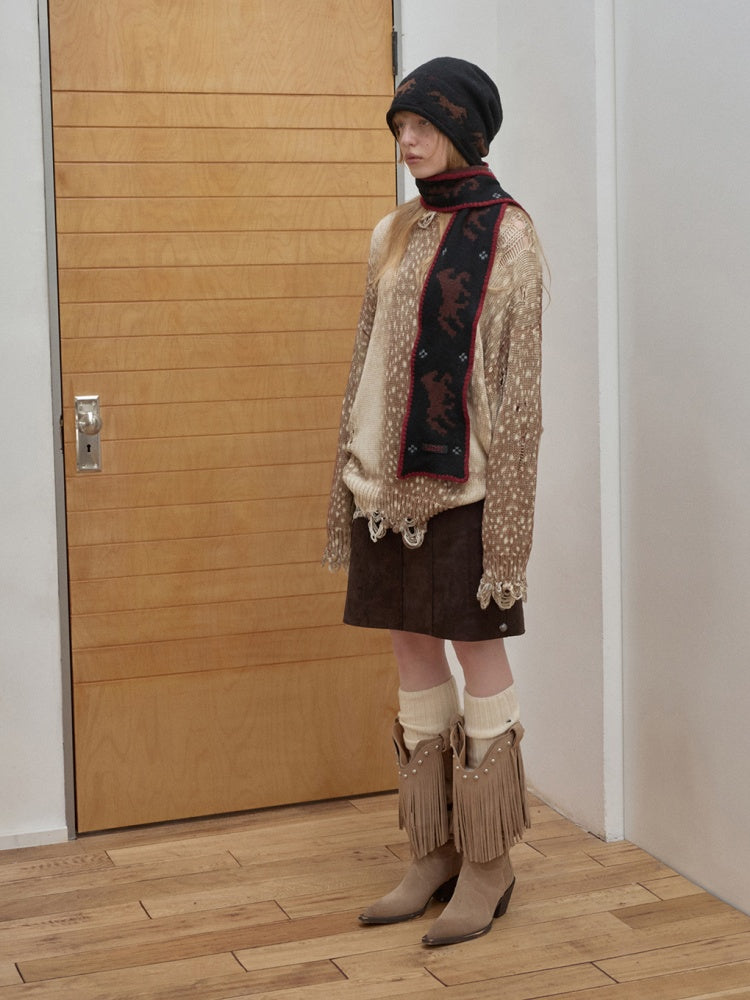 Vintage Fawn Print Cut-Out Hole Knit Lazy Loose Crew Neck Big Sweater【s0000014598】