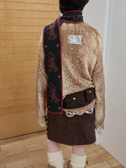 Vintage Fawn Print Cut-Out Hole Knit Lazy Loose Crew Neck Big Sweater【s0000014598】