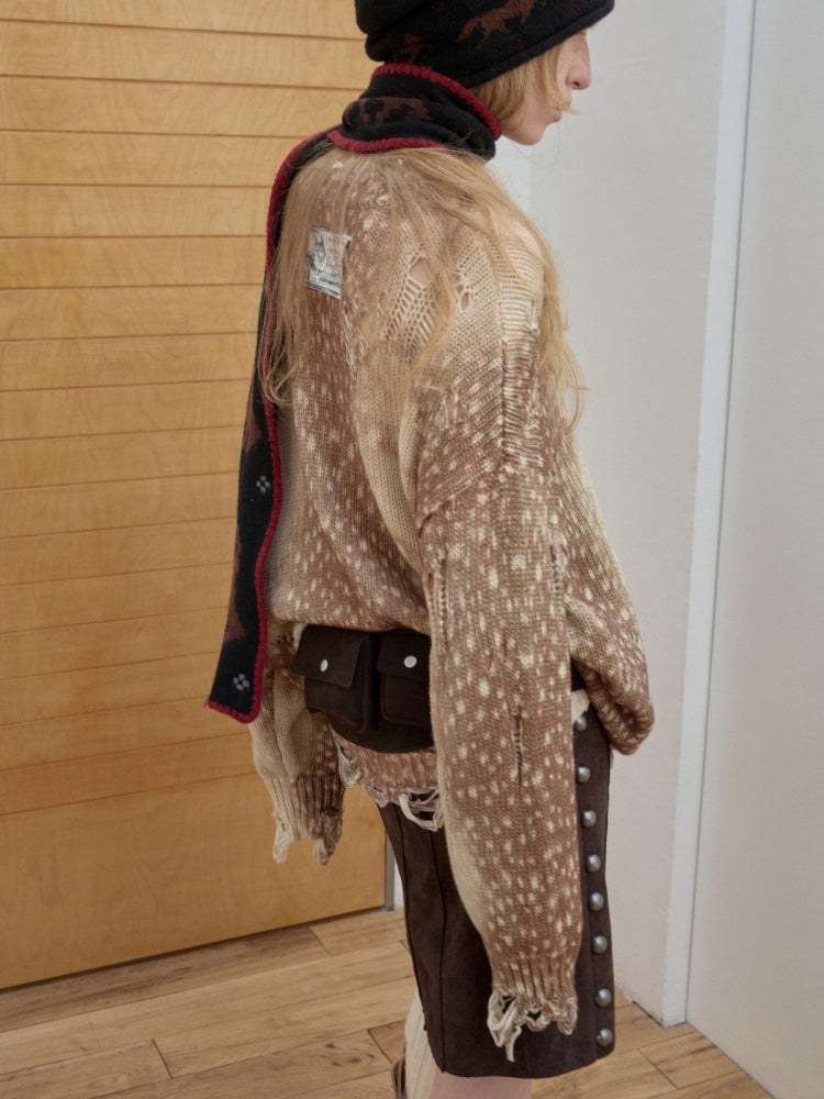 Vintage Fawn Print Cut-Out Hole Knit Lazy Loose Crew Neck Big Sweater【s0000014598】