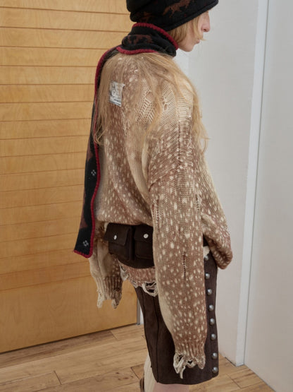 Vintage Fawn Print Cut-Out Hole Knit Lazy Loose Crew Neck Big Sweater【s0000014598】