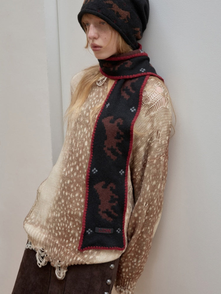 Vintage Fawn Print Cut-Out Hole Knit Lazy Loose Crew Neck Big Sweater【s0000014598】