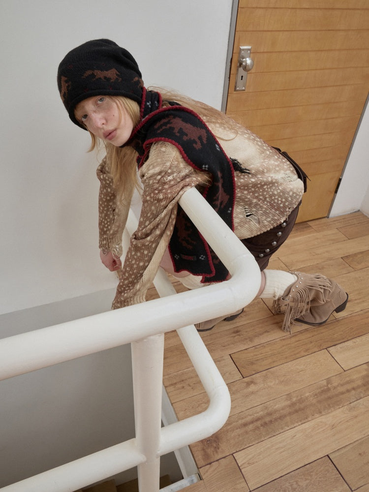 Vintage Fawn Print Cut-Out Hole Knit Lazy Loose Crew Neck Big Sweater【s0000014598】