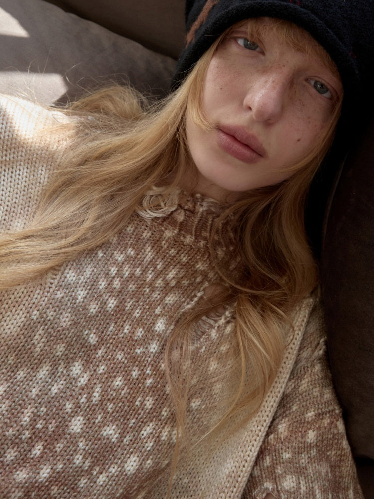 Vintage Fawn Print Cut-Out Hole Knit Lazy Loose Crew Neck Big Sweater【s0000014598】