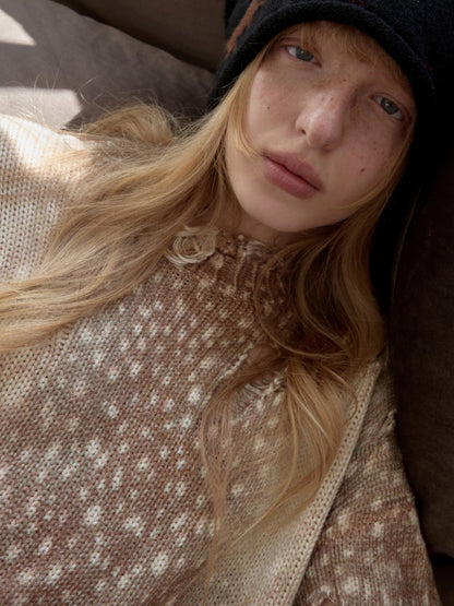 Vintage Fawn Print Cut-Out Hole Knit Lazy Loose Crew Neck Big Sweater【s0000014598】