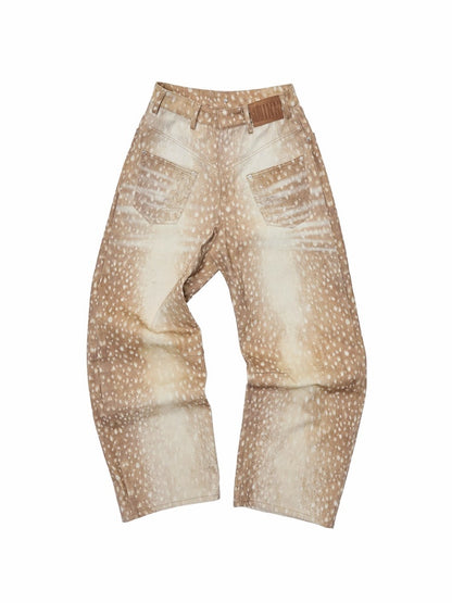 Vintage Fawn Print Contrast Embroidered Scimitar Pants Low-Rise Loose Wide-Leg Trousers【s0000014599】