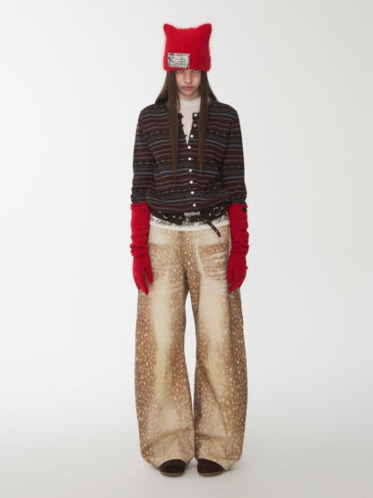 Vintage Fawn Print Contrast Embroidered Scimitar Pants Low-Rise Loose Wide-Leg Trousers【s0000014599】