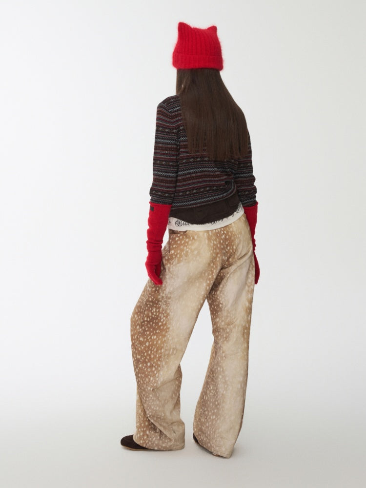 Vintage Fawn Print Contrast Embroidered Scimitar Pants Low-Rise Loose Wide-Leg Trousers【s0000014599】