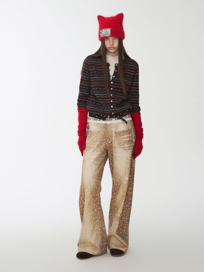 Vintage Fawn Print Contrast Embroidered Scimitar Pants Low-Rise Loose Wide-Leg Trousers【s0000014599】