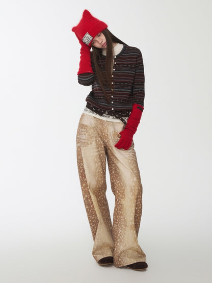 Vintage Fawn Print Contrast Embroidered Scimitar Pants Low-Rise Loose Wide-Leg Trousers【s0000014599】