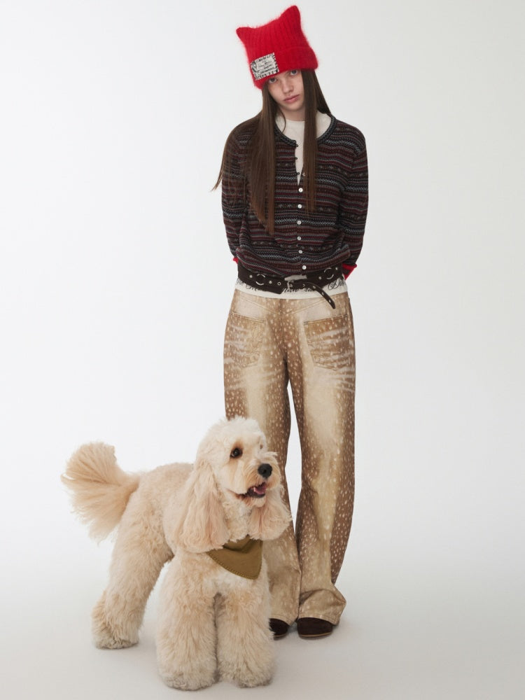 Vintage Fawn Print Contrast Embroidered Scimitar Pants Low-Rise Loose Wide-Leg Trousers【s0000014599】