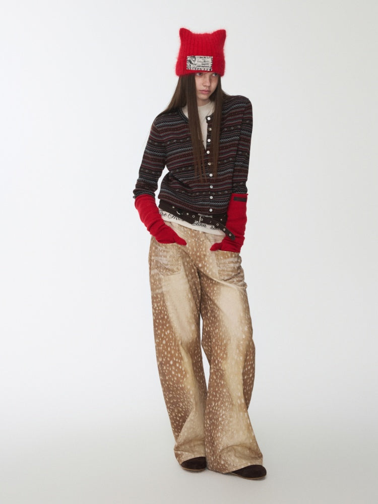 Vintage Fawn Print Contrast Embroidered Scimitar Pants Low-Rise Loose Wide-Leg Trousers【s0000014599】