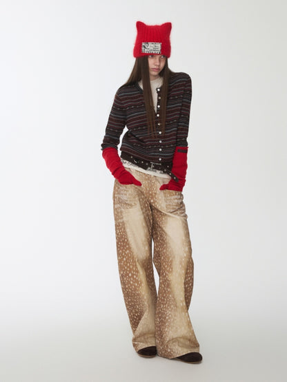 Vintage Fawn Print Contrast Embroidered Scimitar Pants Low-Rise Loose Wide-Leg Trousers【s0000014599】