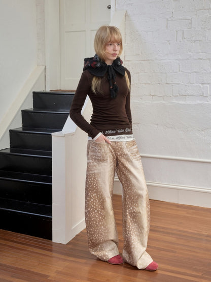 Vintage Fawn Print Contrast Embroidered Scimitar Pants Low-Rise Loose Wide-Leg Trousers【s0000014599】