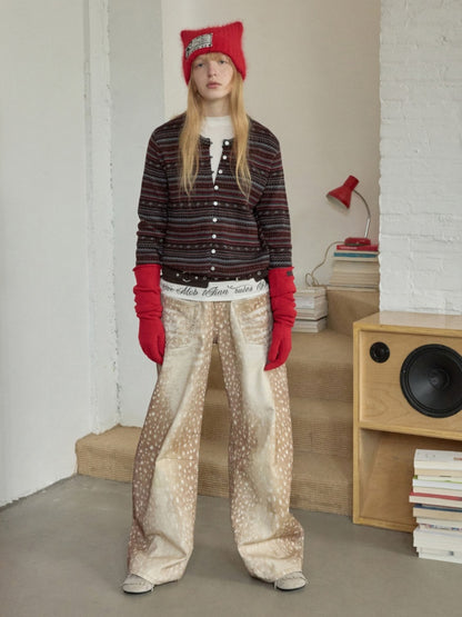 Vintage Fawn Print Contrast Embroidered Scimitar Pants Low-Rise Loose Wide-Leg Trousers【s0000014599】