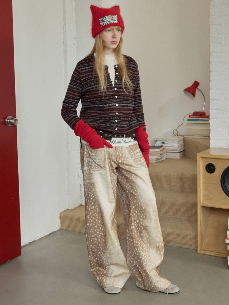 Vintage Fawn Print Contrast Embroidered Scimitar Pants Low-Rise Loose Wide-Leg Trousers【s0000014599】