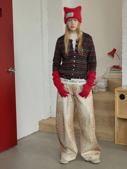 Vintage Fawn Print Contrast Embroidered Scimitar Pants Low-Rise Loose Wide-Leg Trousers【s0000014599】