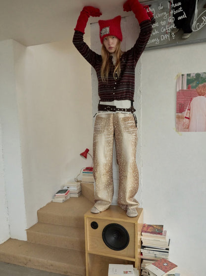 Vintage Fawn Print Contrast Embroidered Scimitar Pants Low-Rise Loose Wide-Leg Trousers【s0000014599】