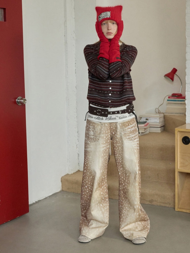 Vintage Fawn Print Contrast Embroidered Scimitar Pants Low-Rise Loose Wide-Leg Trousers【s0000014599】