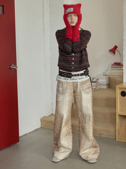 Vintage Fawn Print Contrast Embroidered Scimitar Pants Low-Rise Loose Wide-Leg Trousers【s0000014599】