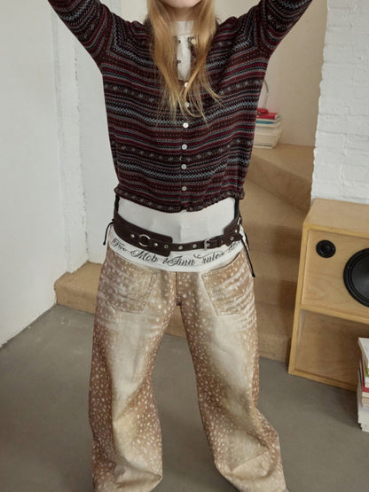 Vintage Fawn Print Contrast Embroidered Scimitar Pants Low-Rise Loose Wide-Leg Trousers【s0000014599】