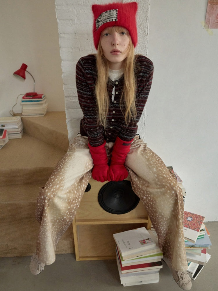 Vintage Fawn Print Contrast Embroidered Scimitar Pants Low-Rise Loose Wide-Leg Trousers【s0000014599】