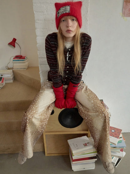 Vintage Fawn Print Contrast Embroidered Scimitar Pants Low-Rise Loose Wide-Leg Trousers【s0000014599】