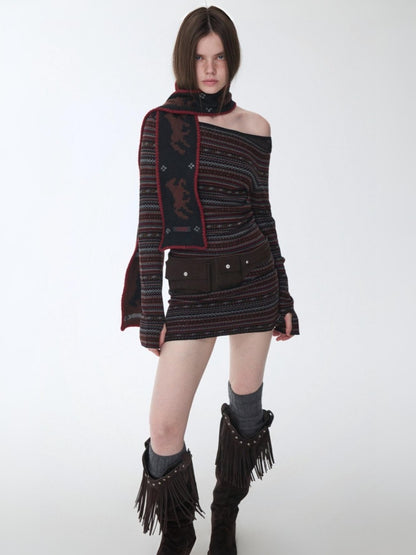 Fair Isle Fine Woven Jacquard Slanted Shoulder Neckline Dress Slim Waist Hip Skirt【s0000014600】