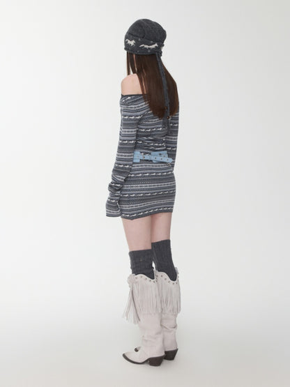 Fair Isle Fine Woven Jacquard Slanted Shoulder Neckline Dress Slim Waist Hip Skirt【s0000014600】