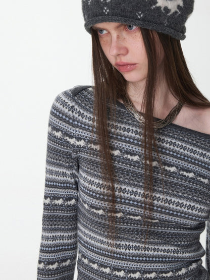 Fair Isle Fine Woven Jacquard Slanted Shoulder Neckline Dress Slim Waist Hip Skirt【s0000014600】