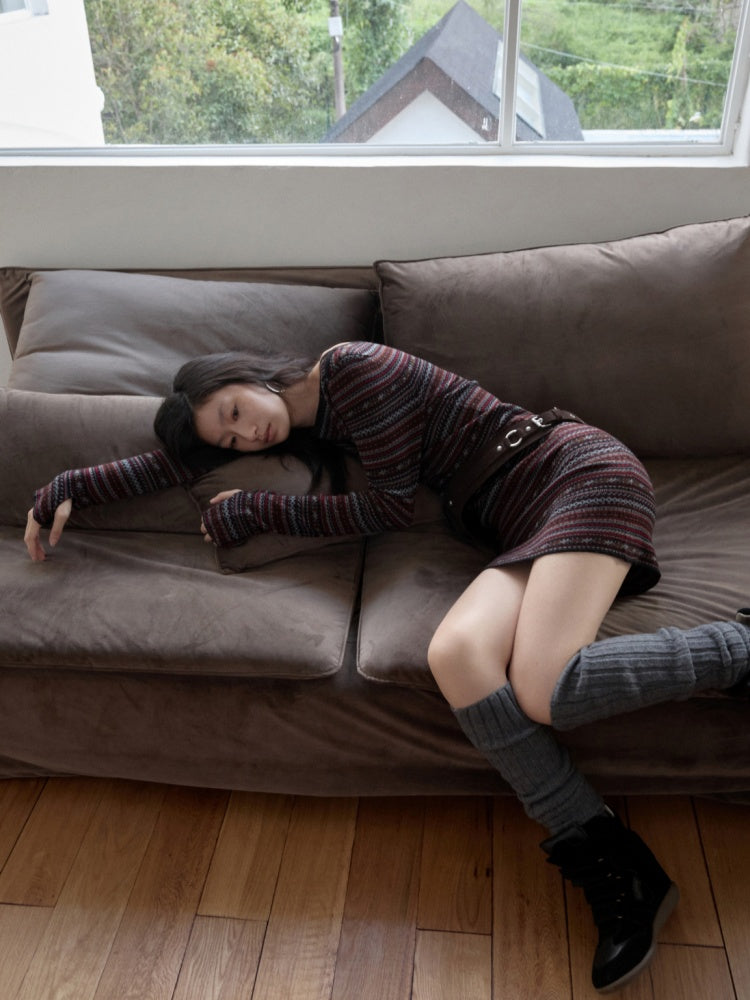 Fair Isle Fine Woven Jacquard Slanted Shoulder Neckline Dress Slim Waist Hip Skirt【s0000014600】