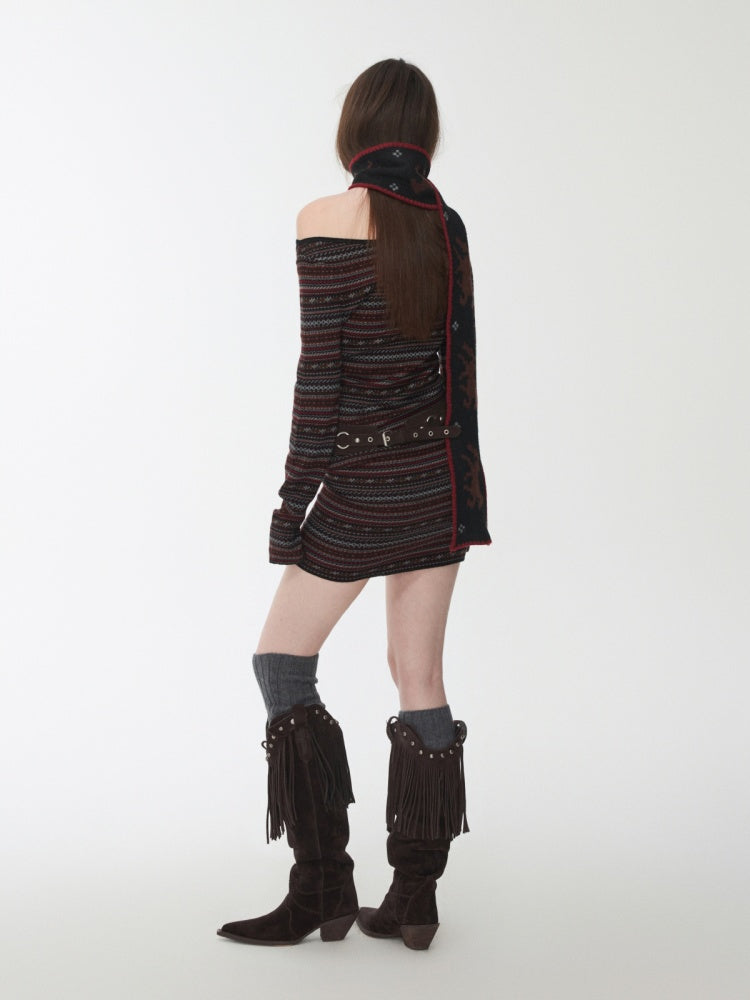 Fair Isle Fine Woven Jacquard Slanted Shoulder Neckline Dress Slim Waist Hip Skirt【s0000014600】