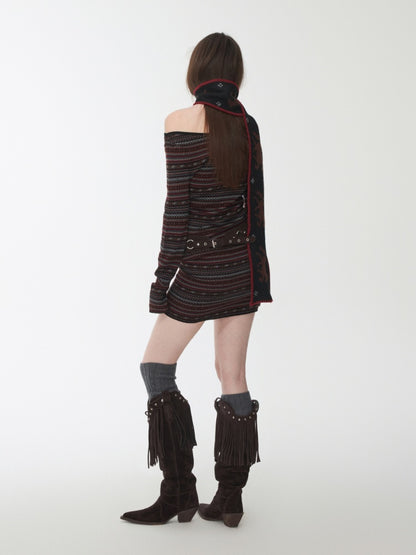 Fair Isle Fine Woven Jacquard Slanted Shoulder Neckline Dress Slim Waist Hip Skirt【s0000014600】