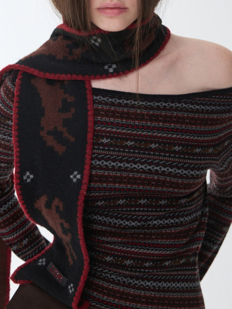 Fair Isle Fine Woven Jacquard Slanted Shoulder Neckline Dress Slim Waist Hip Skirt【s0000014600】