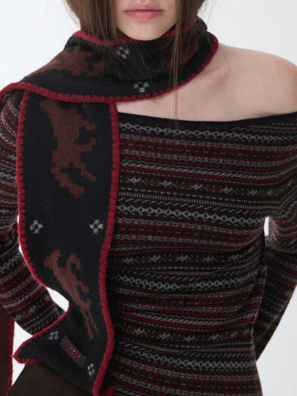 Fair Isle Fine Woven Jacquard Slanted Shoulder Neckline Dress Slim Waist Hip Skirt【s0000014600】