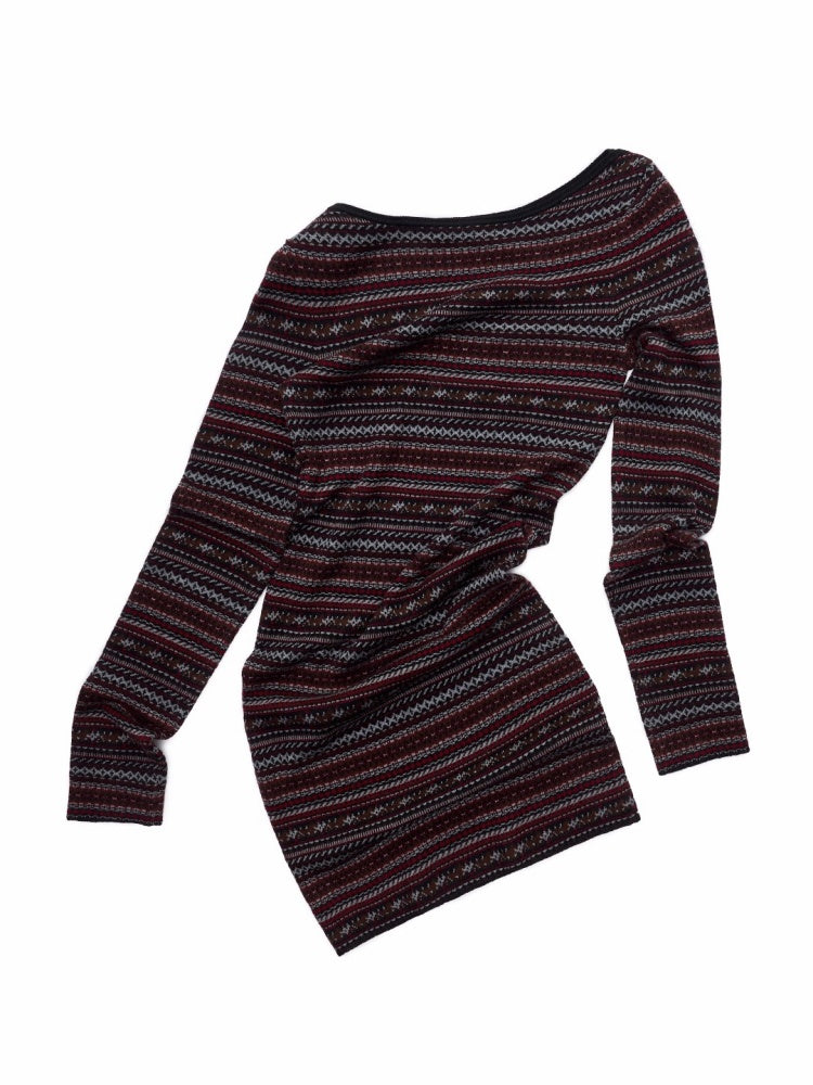 Fair Isle Fine Woven Jacquard Slanted Shoulder Neckline Dress Slim Waist Hip Skirt【s0000014600】