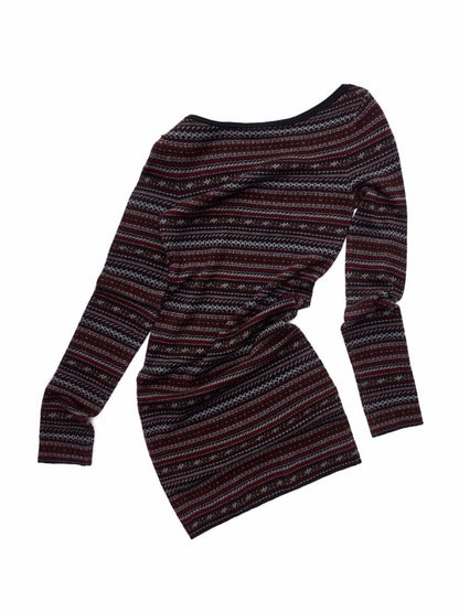 Fair Isle Fine Woven Jacquard Slanted Shoulder Neckline Dress Slim Waist Hip Skirt【s0000014600】