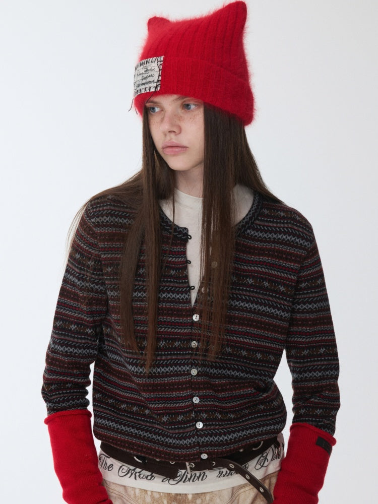 Fair Island Pony Jacquard Fine Woven Small Cardigan Drawstring Bud Casual Knit Top【s0000014601】