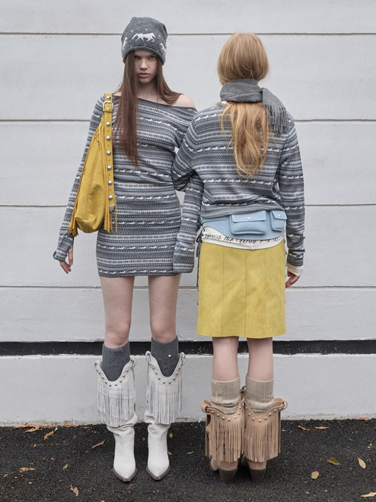 Fair Island Pony Jacquard Fine Woven Small Cardigan Drawstring Bud Casual Knit Top【s0000014601】