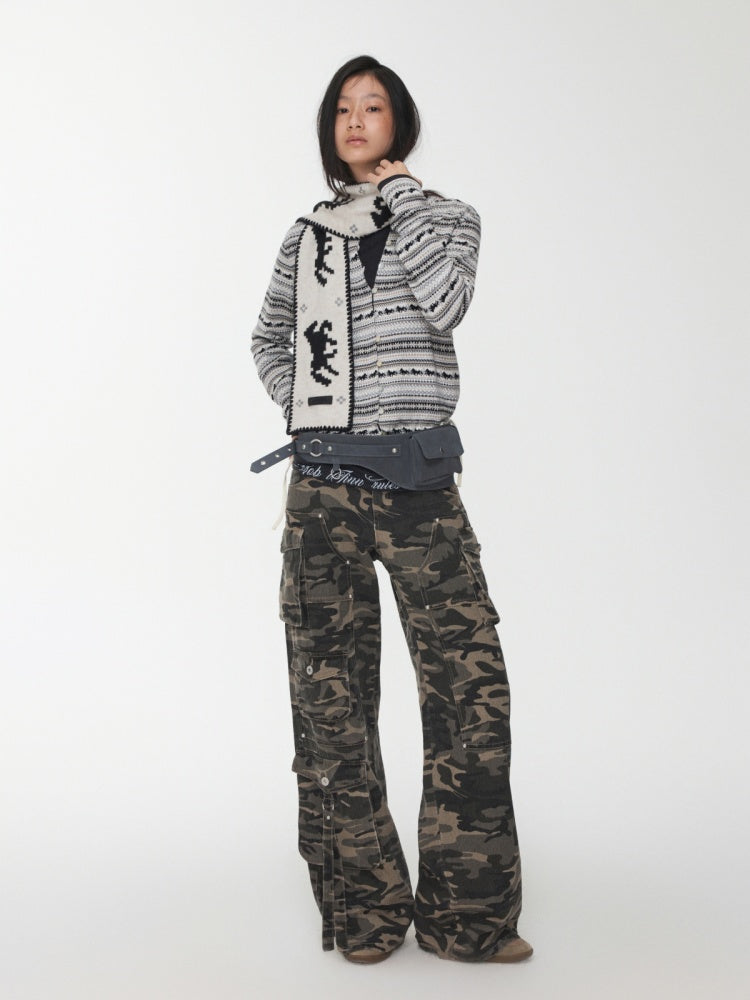 Fair Island Pony Jacquard Fine Woven Small Cardigan Drawstring Bud Casual Knit Top【s0000014601】