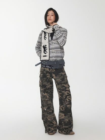 Fair Island Pony Jacquard Fine Woven Small Cardigan Drawstring Bud Casual Knit Top【s0000014601】