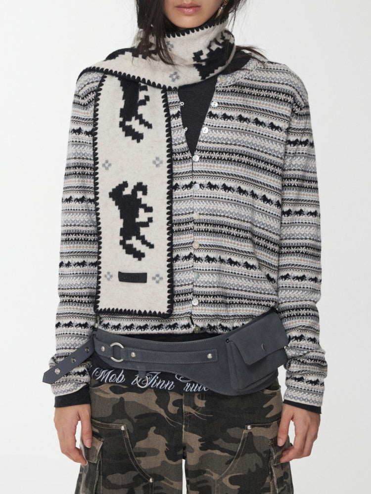 Fair Island Pony Jacquard Fine Woven Small Cardigan Drawstring Bud Casual Knit Top【s0000014601】