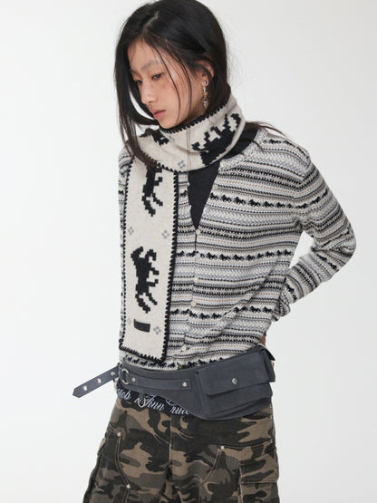 Fair Island Pony Jacquard Fine Woven Small Cardigan Drawstring Bud Casual Knit Top【s0000014601】
